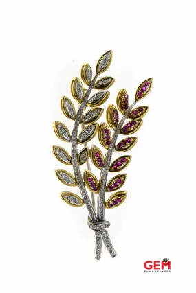 18 KT Yellow White Gold Sapphire Diamond Leaf Nature Lapel Pin Brooch