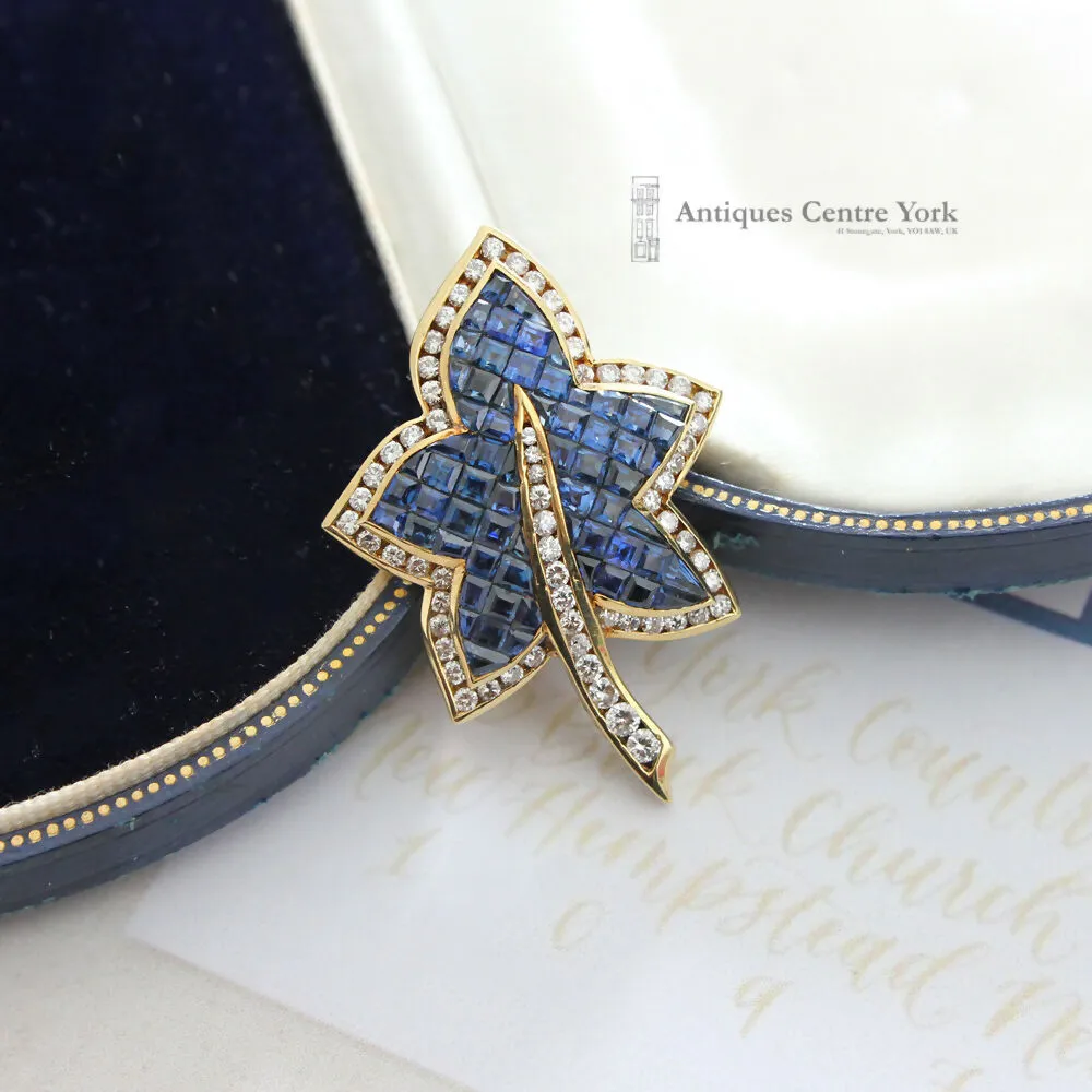 1980's 18ct Sapphire & Diamond Leaf Brooch