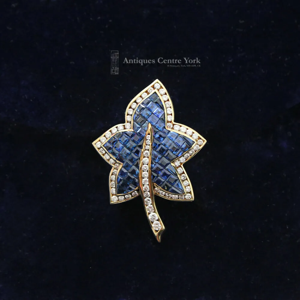 1980's 18ct Sapphire & Diamond Leaf Brooch