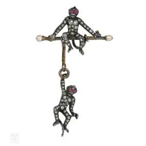 Antique diamond and gem monkey brooch