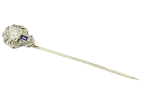 Art Deco 18K White Gold Old European Cut Diamond and Sapphire Stick Pin