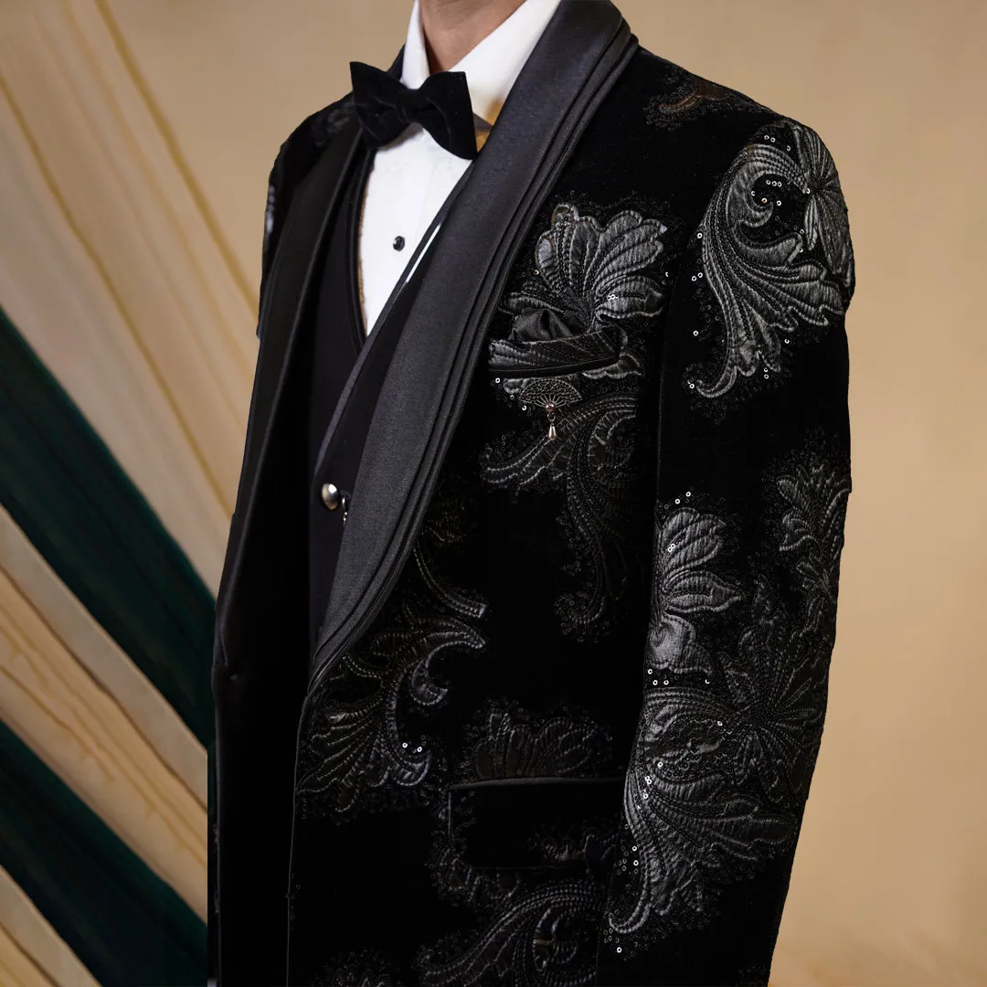 Black Elegant Ensemble Crafted On Black Velvet With Grey Tuxedo Set