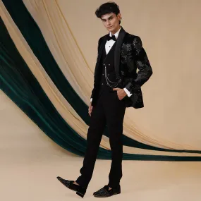 Black Elegant Ensemble Crafted On Black Velvet With Grey Tuxedo Set