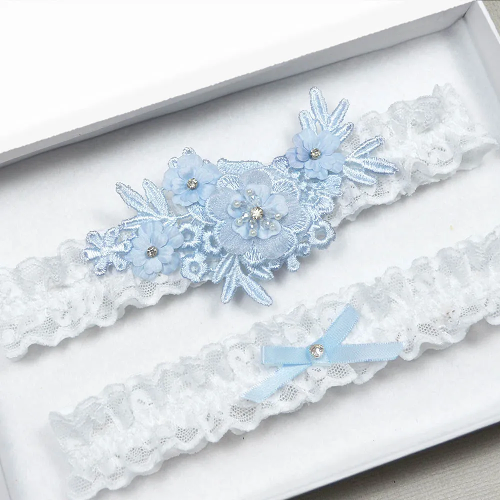 Blue Floral Lace Applique Brides Garter Set