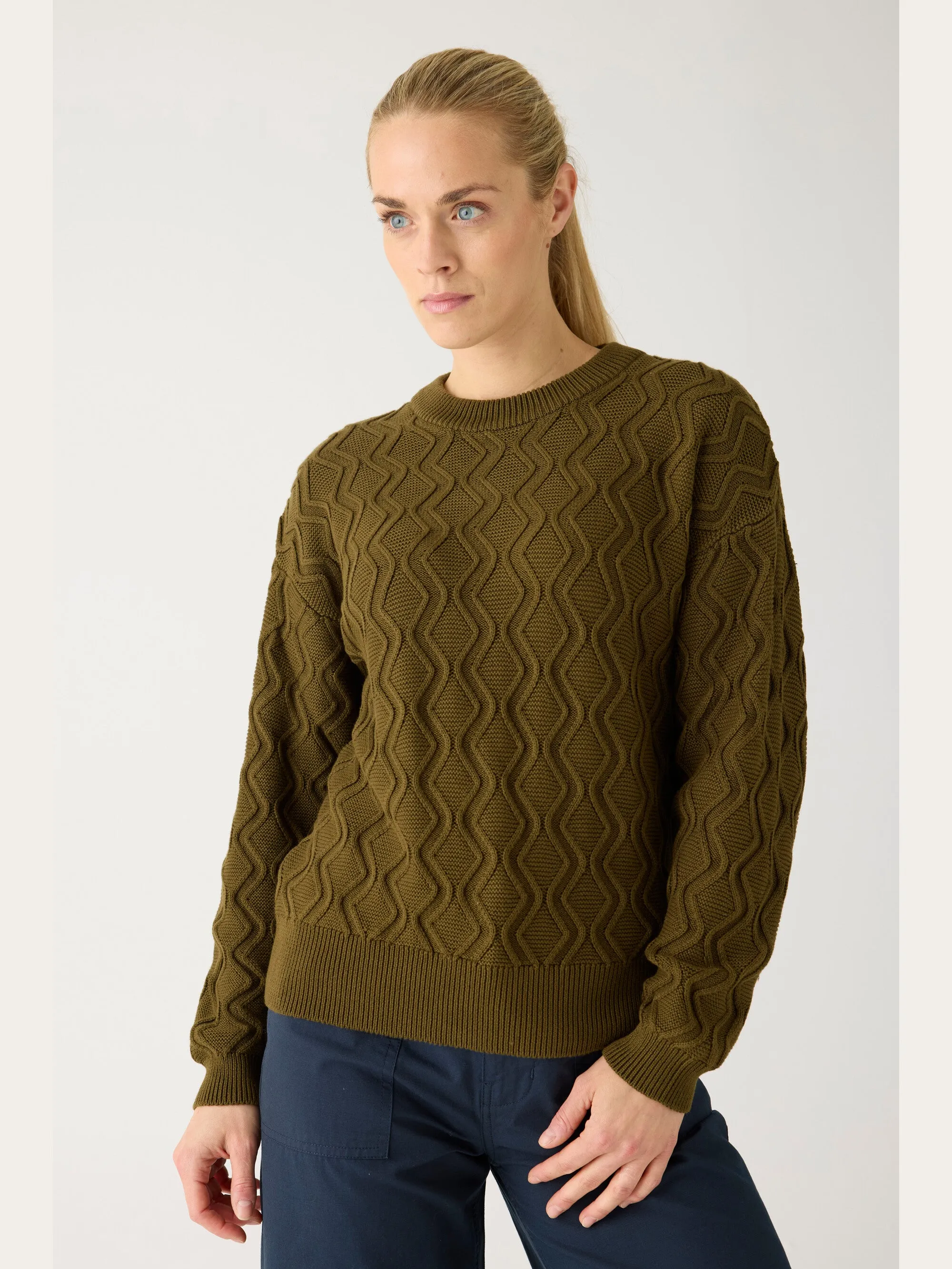 Cotton cable crew neck - Regenerative Organic Certified® - GOTS/Vegan - Dark Olive