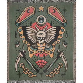 Death Moth Traditional Tattoo Style Woven Fringe Blanket / / Wall tapestry or throw for sofa, maximalist decor,  tattoo home decor