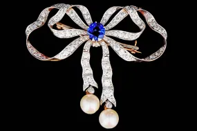 Edwardian Platinum on Yellow Gold 2.65 Carat Sapphire, Diamond, and Pearl Brooch