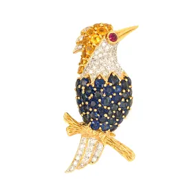 Estate 18K Yellow Gold Sapphire and Diamond Woodpecker Pin