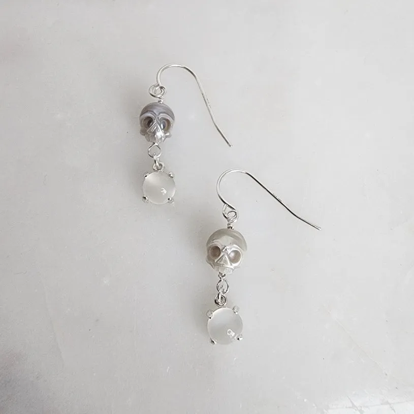 Skull Pearl and Moonstone Sterling Silver Earrings