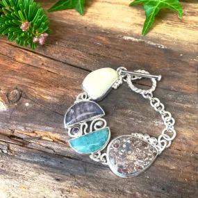 Unique multi gemstone heavy silver bracelet with toggle clasp